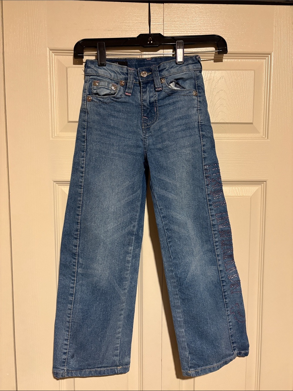 True Religion Girls Blue Denim Wide-Leg Jeans with Side Rhinestone Detail